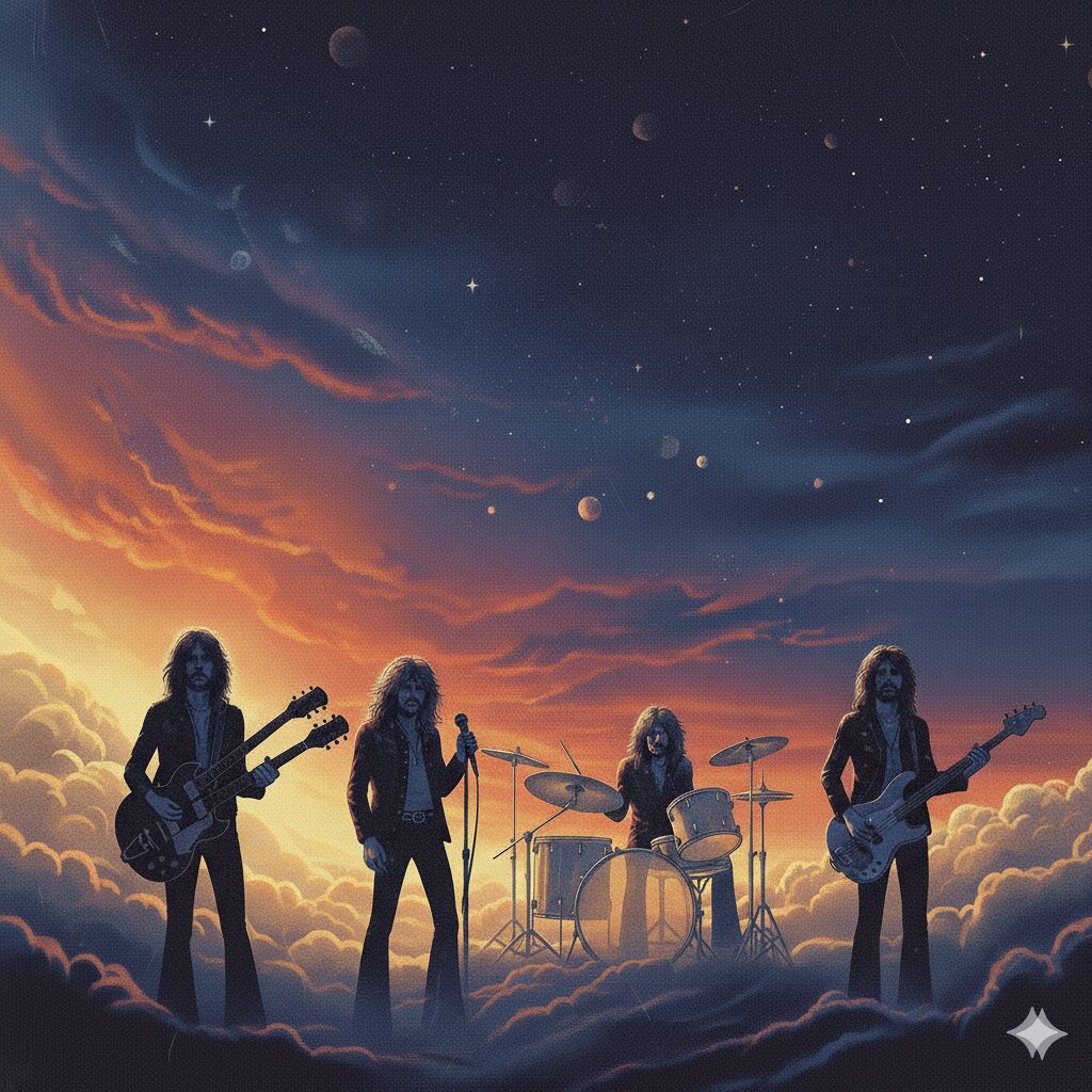 レッド・ツェッペリン(Led Zeppelin)の伝説のメンバー4人(ボーカル、ギター、ベース、ドラム)のシルエットイラスト。メンバーそれぞれの個性と壮大な音楽性を表現したヴィンテージアート。