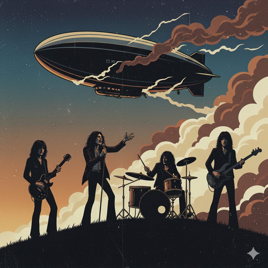 1968年に誕生したロックバンド、レッド・ツェッペリン(Led Zeppelin)のミステリアスなイラスト。シルエットで表現された4人のメンバー(ギター、ボーカル、ドラム、ベース)と、上空に浮かぶ飛行船が描かれている。